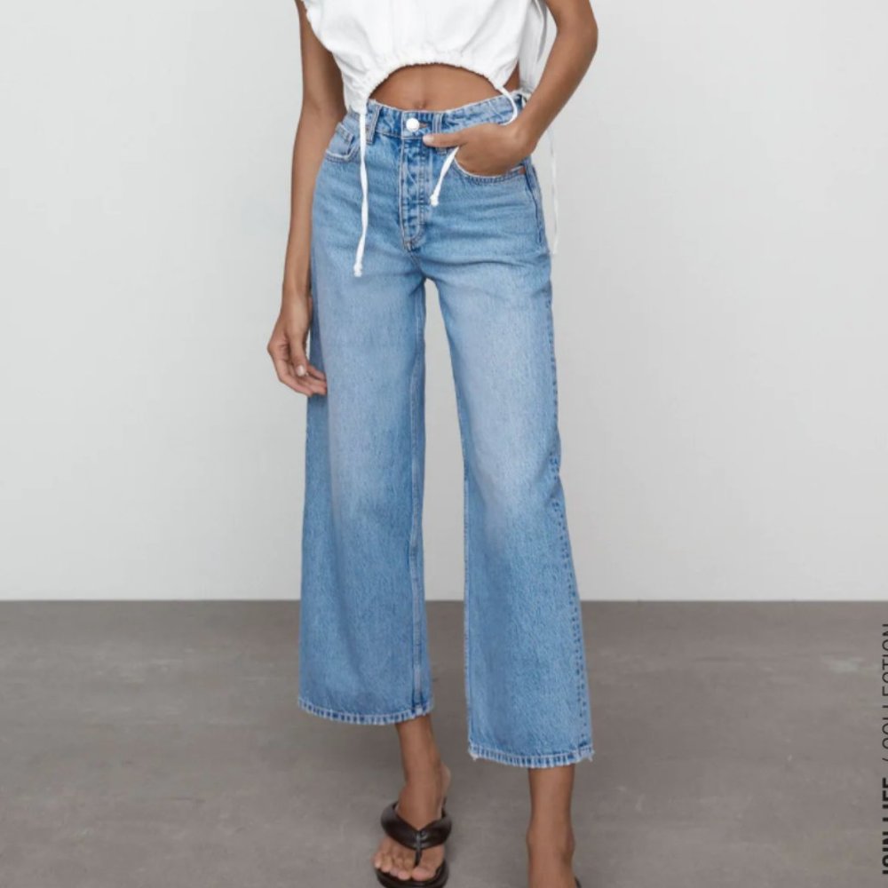Zara HI-RISE WIDE LEG CROPPED JEANS NWT